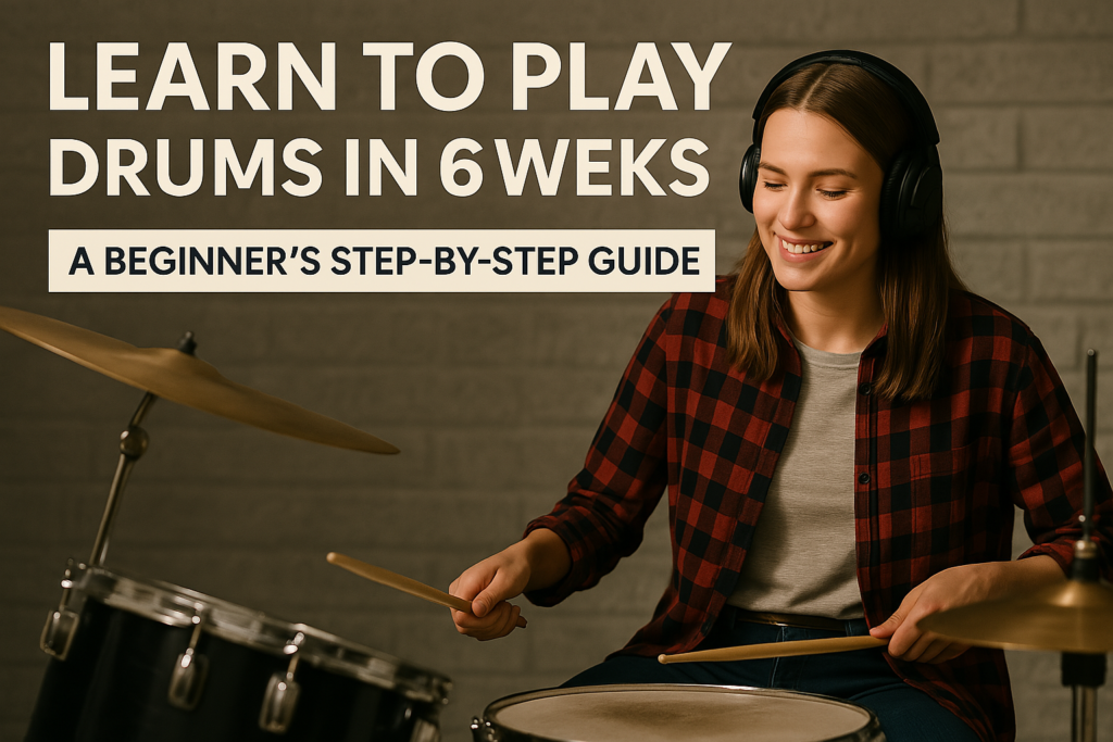 Young woman playing a drum kit with a joyful expression, wearing headphones and a red plaid shirt