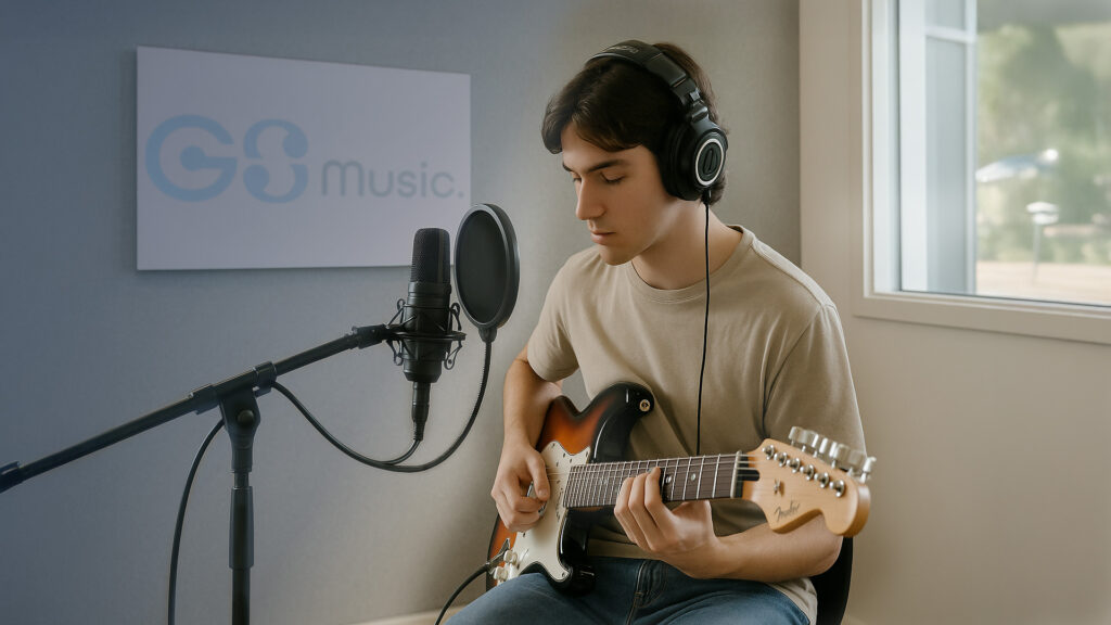 Student recording guitar at GS Music Lessons studio in Queensland.