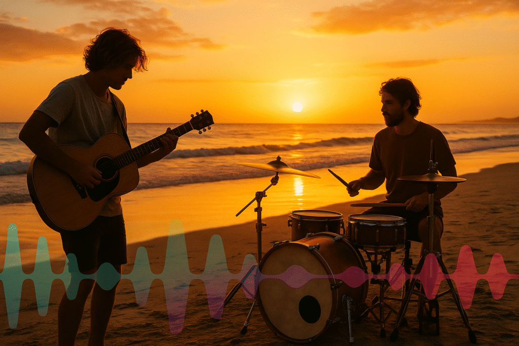 Guitarist and drummer jamming at Sunshine Coast beach during sunset.