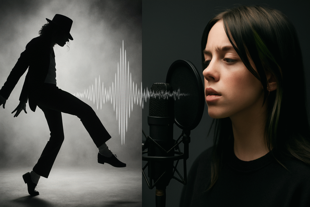 Michael Jackson and Billie Eilish connected by an audio waveform, illustrating personal sonic signatures.