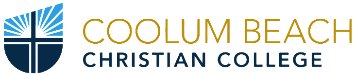 Coolum Beach Christian College logo featuring a sunburst over a cross in a shield, with the words "Coolum Beach Christian College" and the motto "pledge wisdom love".