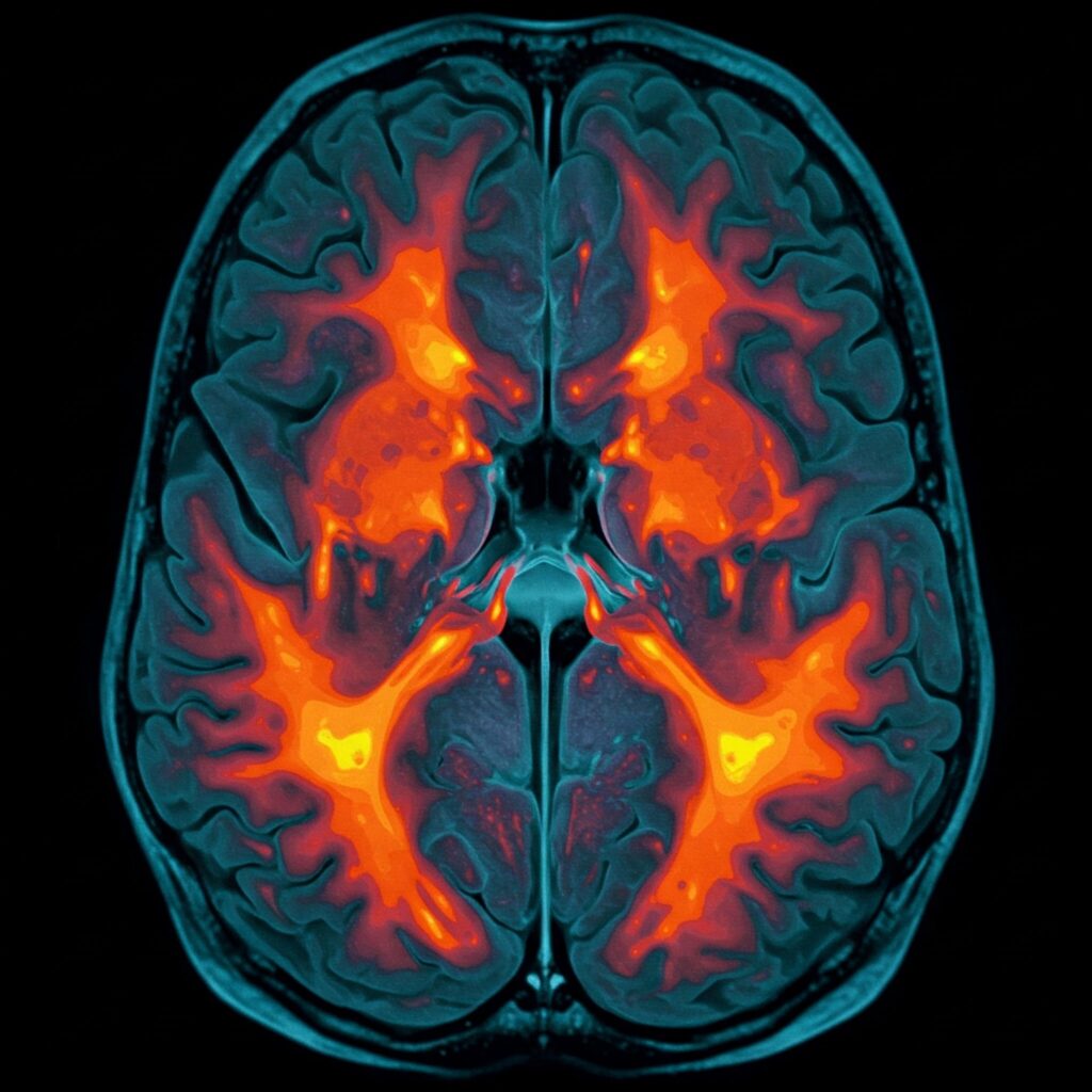Heatmap brain scan showing neural activity in response to music stimuli, with vivid red and orange areas indicating high activity.