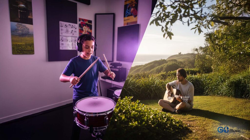 Split-screen image of a child playing drums in a music classroom and a teen strumming an acoustic guitar outdoors at sunset – GS Music Lessons