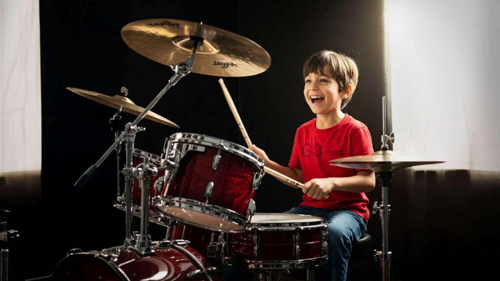 Smiling child playing drums at GS Music Lessons in Noosa