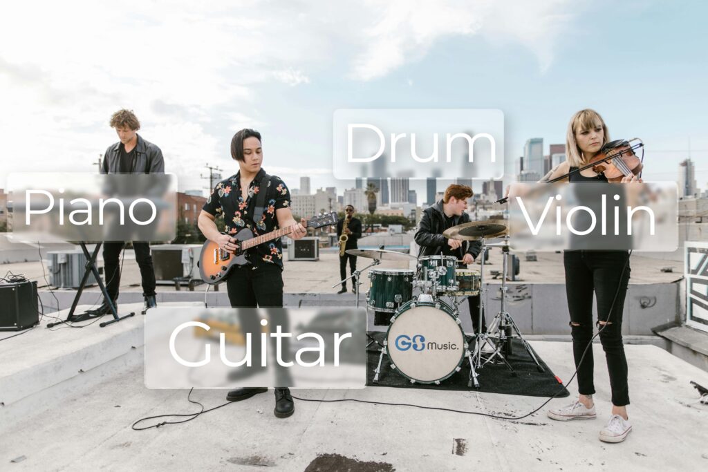 A student band performing live outdoors with drums, guitar, keyboard, and vocals, showcasing their musical skills as a group.

