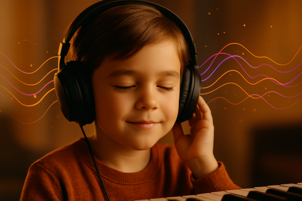 Close-up of a smiling child wearing headphones with eyes closed, sitting at a piano, with colorful brainwave lines in the background, lit by warm orange light.