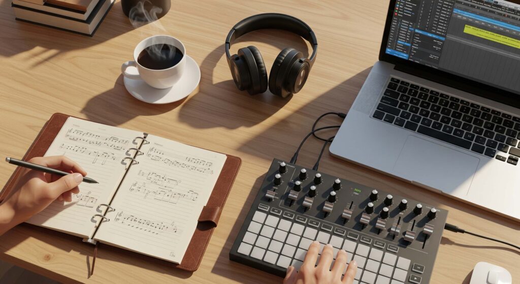 Top-down view of a clean wooden desk with a music notebook, MIDI controller, laptop, and coffee cup — symbolizing modern music production.

