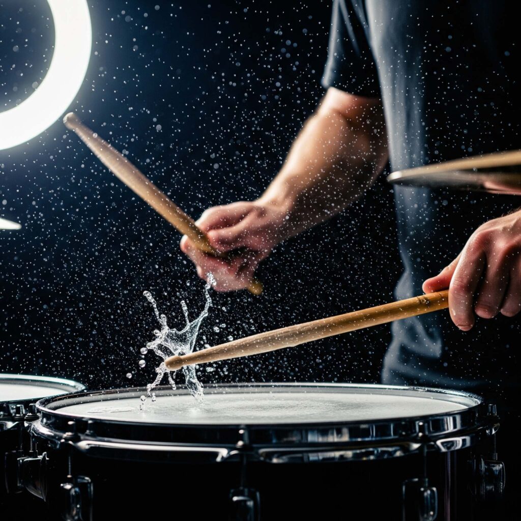 Close-up of a drummer’s hands striking a snare drum with water droplets bursting in slow motion under dramatic lighting.

