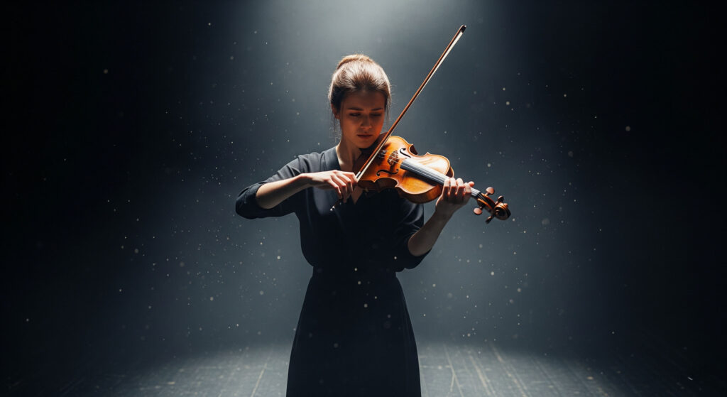 Young violinist performing passionately under a single spotlight on a dark theater stage.

