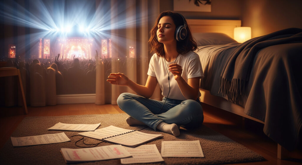 Young woman sitting cross-legged in a cozy bedroom studio, wearing headphones and imagining her future music career.