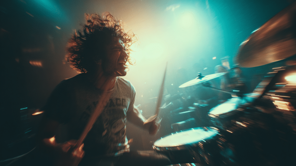 Live-action photo of a drummer mid-performance under dynamic stage lighting, captured in motion with drumsticks blurred and spotlight bursting behind.