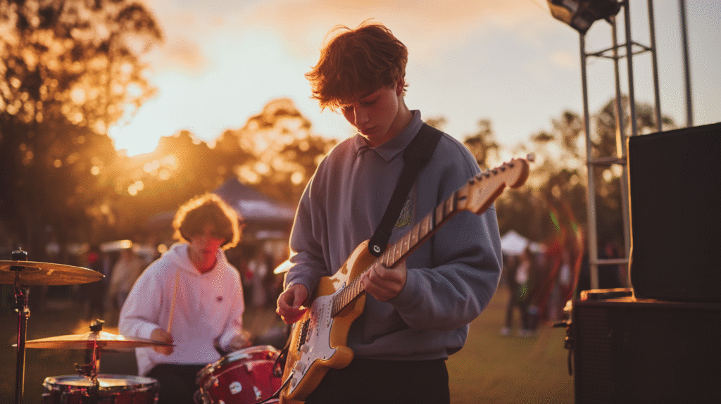 Teenage guitarist and young drummer performing together on an outdoor stage during golden hour, with a soft crowd in the background and warm sunlight highlighting the moment.