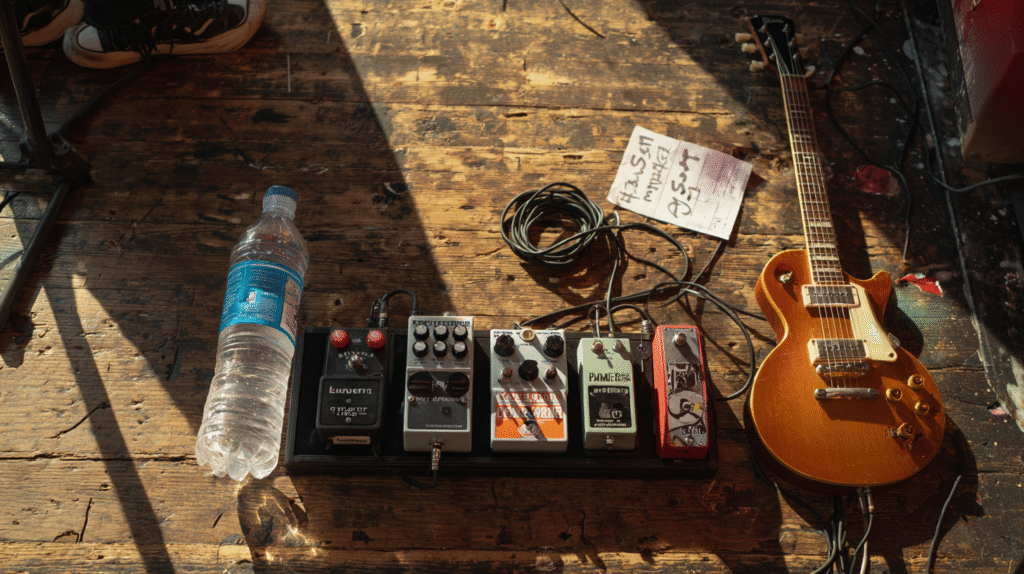 Flat lay of a pedalboard setup on a stage floor with cables, a tuner, water bottle, and a guitar in the corner—capturing a musician’s final gear check before performing.