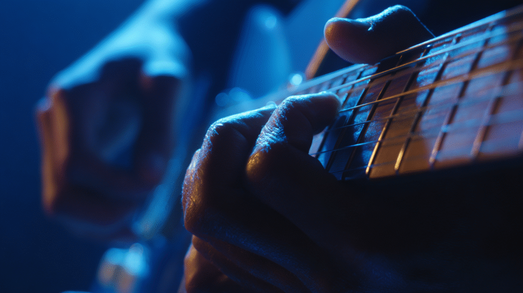 Close-up shot of a guitarist’s hands playing on a fretboard under blue stage lights, highlighting string texture, finger movement, and emotional focus.