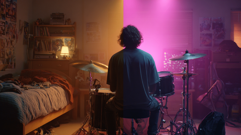 Split image of a young musician practicing guitar in a cozy home studio on the left, and performing under stage lights on the right, symbolizing the transition from practice to performance.