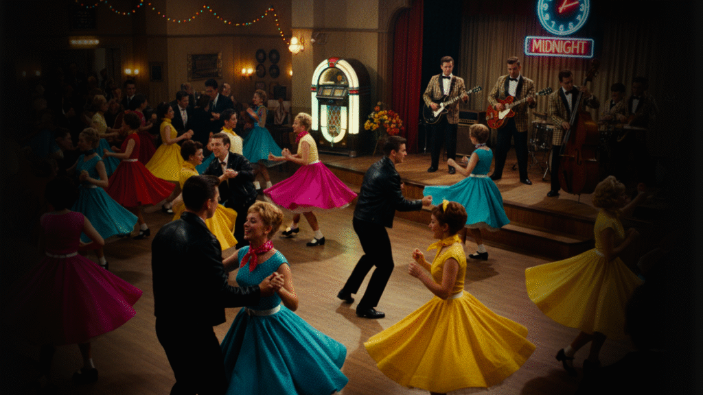 1950s dance hall scene with teenagers in colorful dresses and leather jackets dancing to Bill Haley & His Comets performing Rock Around the Clock.