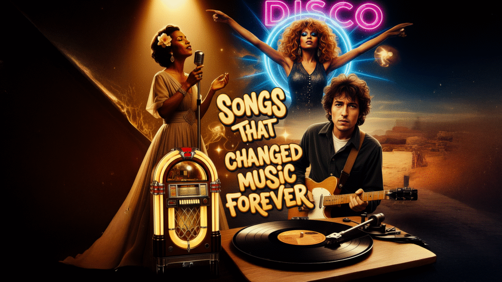 Cover collage showing Billie Holiday, Donna Summer, Bob Dylan, a jukebox, and vinyl record with the title “Songs That Changed Music Forever.”