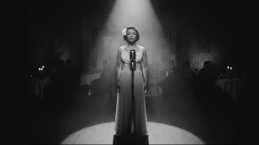Billie Holiday singing under a spotlight in a 1930s jazz club, black-and-white photo style, representing her protest song Strange Fruit.