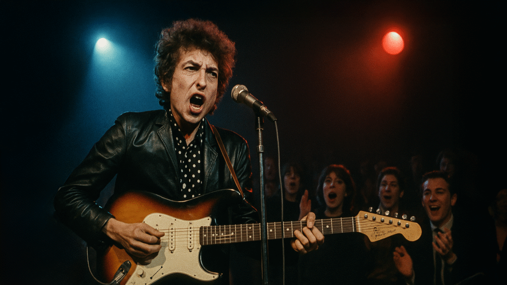 Bob Dylan performing live in 1965 with electric guitar, intense expression under stage lights, symbolizing his groundbreaking song Like a Rolling Stone.