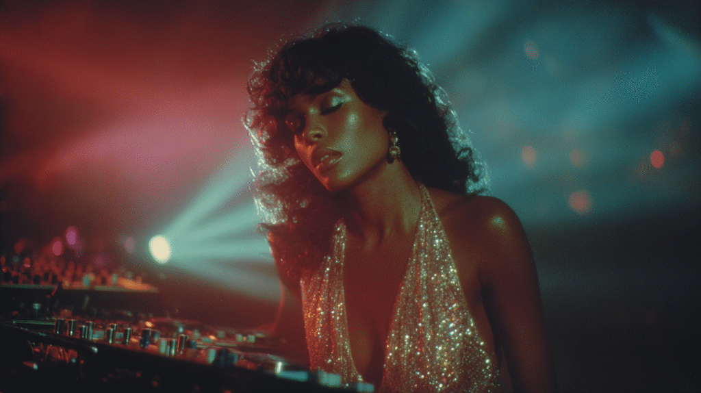Donna Summer performing in the late 1970s under disco lights, wearing a glittering dress, symbolizing her groundbreaking hit I Feel Love.