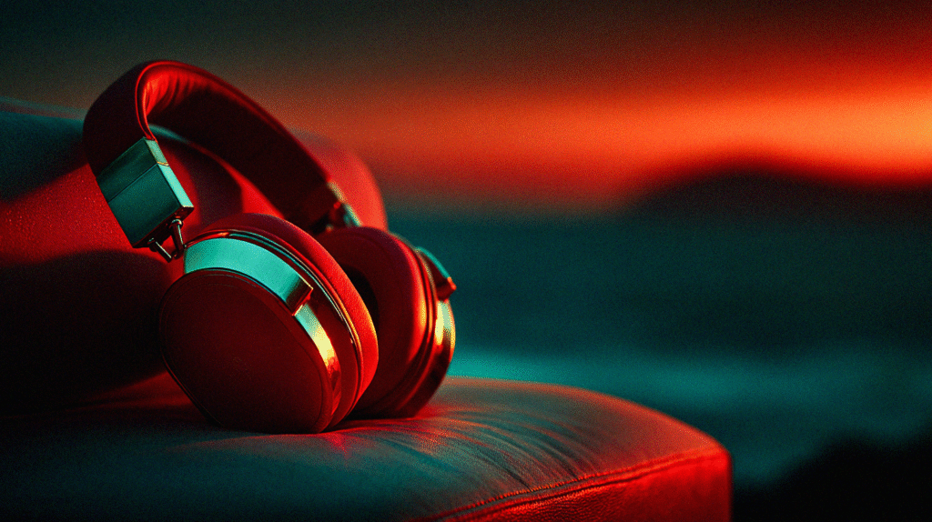 Red headphones resting on a chair with sunset glow, symbolizing calming music genres