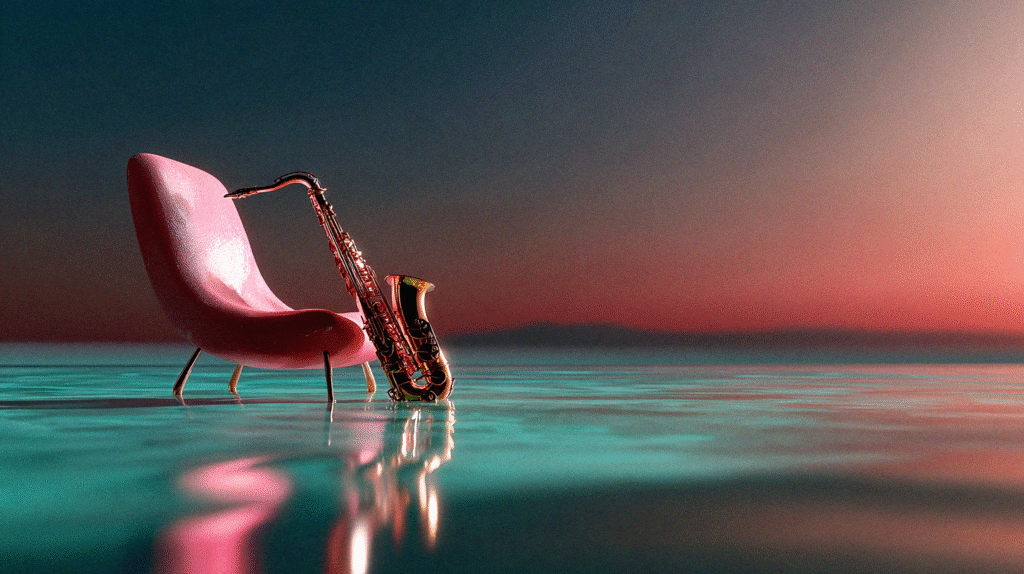 Saxophone by a chair in water at sunset, representing jazz as a calming music genre