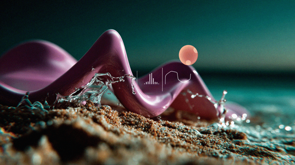 Abstract soundwave sculpture with water and sand, symbolizing ambient music for stress relief