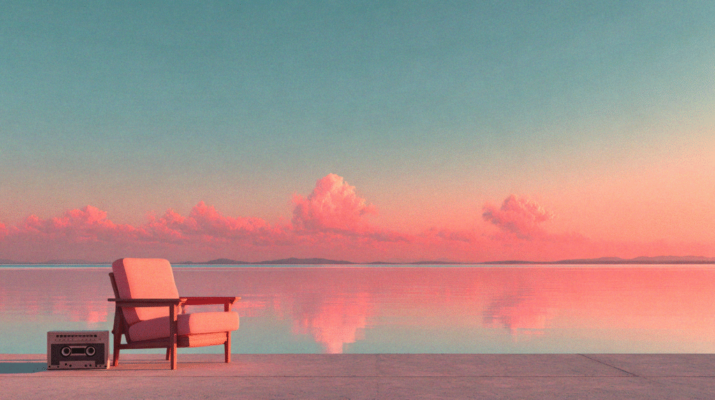 Chair and stereo facing a calm ocean sunset, representing chillout music for stress relief