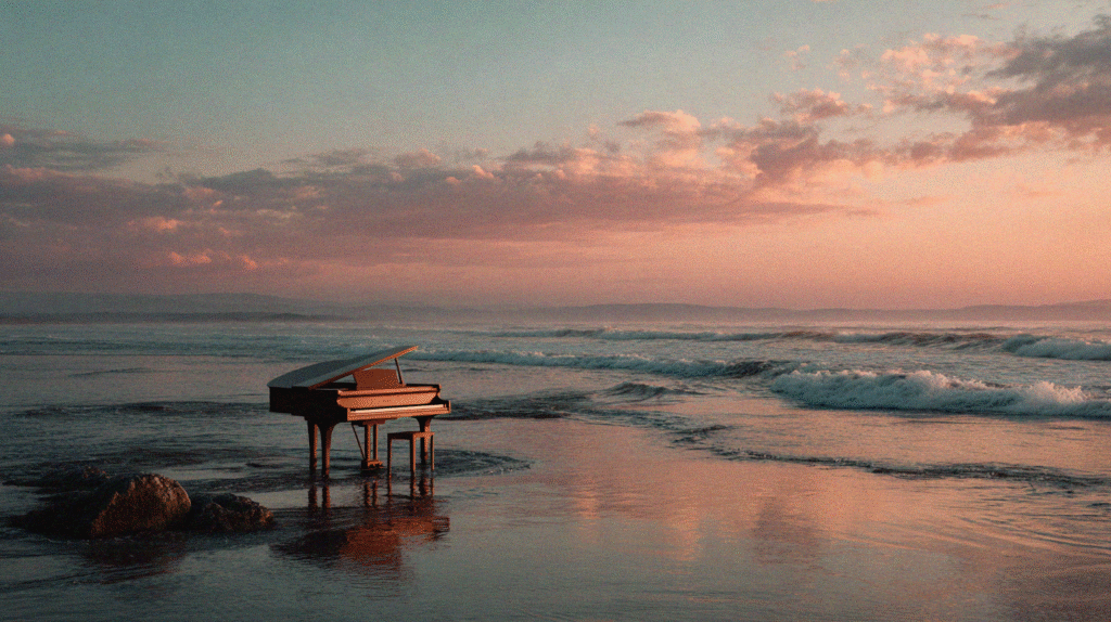 Grand piano on the shore at sunrise, symbolizing classical music for relaxation
