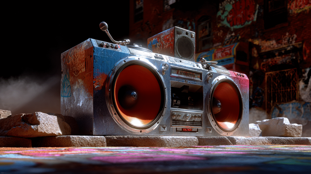 Large boombox with graffiti-covered walls in the Bronx, symbolizing the birth of hip-hop with The Sugarhill Gang’s Rapper’s Delight.