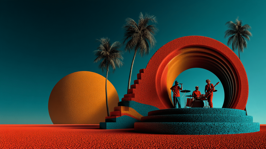Musicians performing on an open-air stage under palm trees at night on the Sunshine CoastMusicians performing on an open-air stage under palm trees at night on the Sunshine Coast