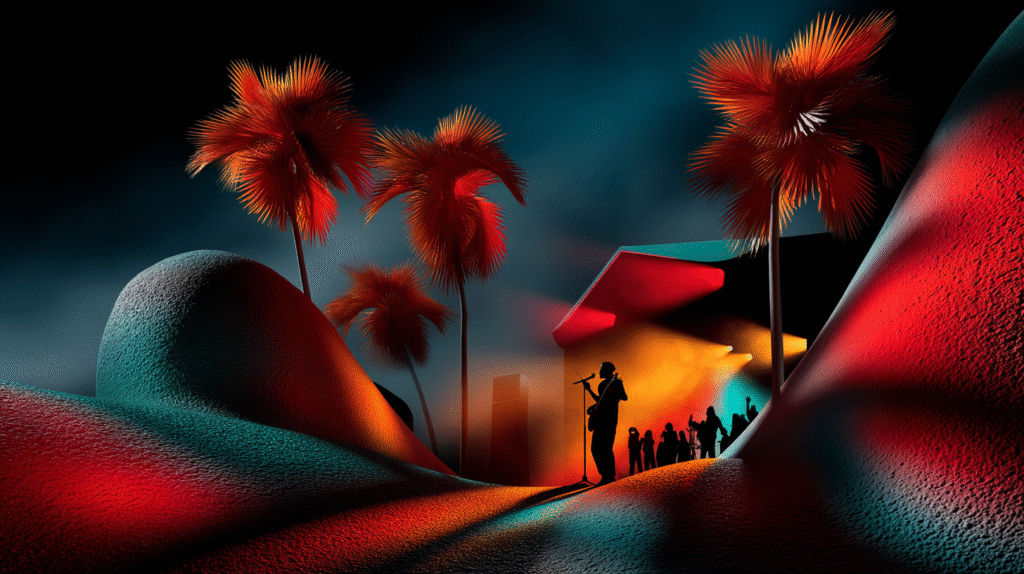 Sunshine Coast festival artwork featuring musicians and tropical landscape at sunset