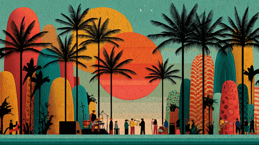 Abstract Sunshine Coast music illustration with tropical architecture and palm trees