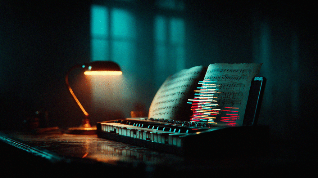 Close-up of piano sheet music glowing under a warm lamp, symbolizing learning music and breaking myths.
