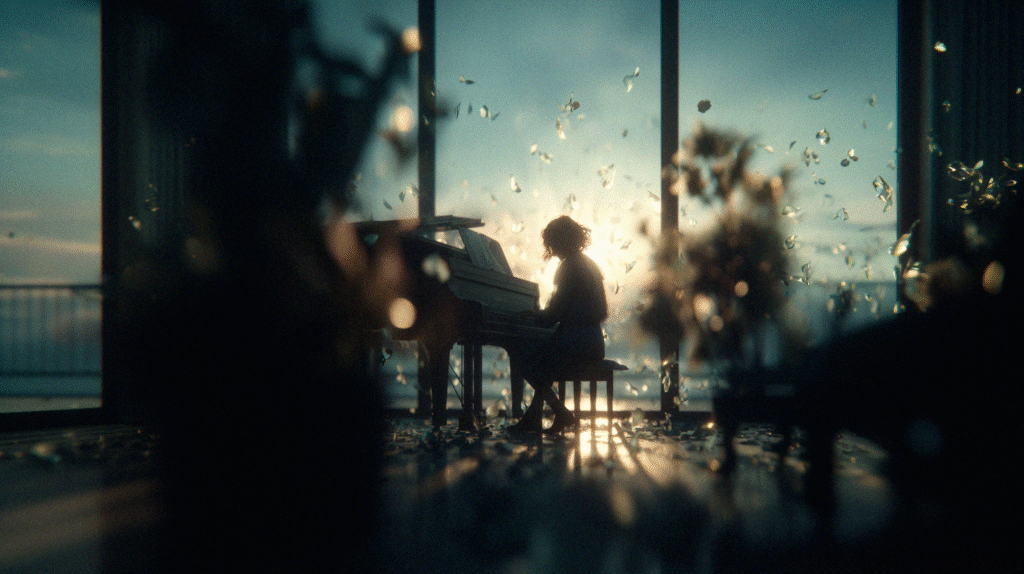 Adult woman playing piano as sunlight streams through a window, symbolizing the joy of learning at any age.