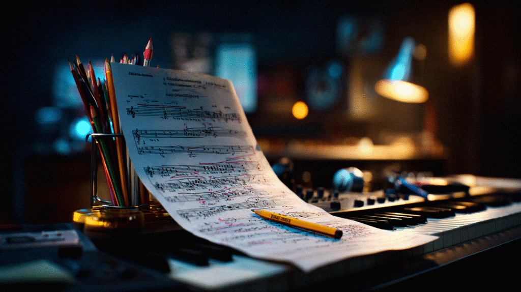 Sheet music on a keyboard marked with colourful notes and pencils, showing learning made easy.