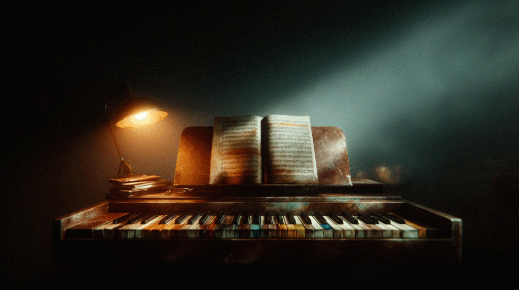 A piano with warm light shining on open sheet music, showing focused and enjoyable practice time.
