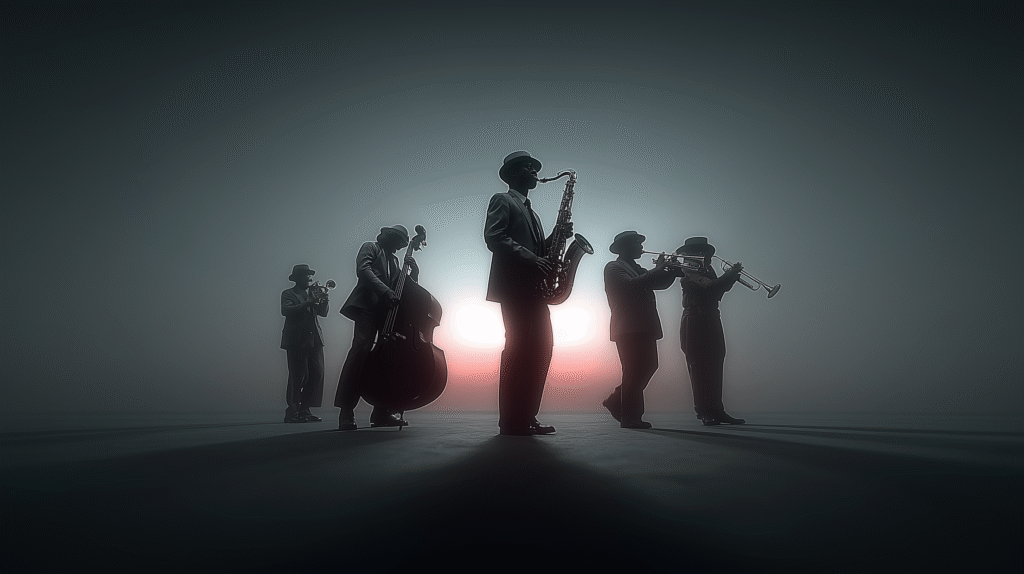 Silhouettes of jazz musicians performing on stage with soft blue lighting and dramatic shadows, representing jazz culture and music lessons on the Sunshine Coast at GS Music Lessons.
