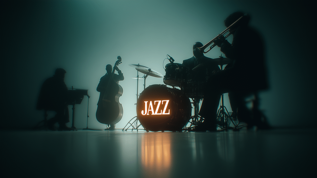 Atmospheric stage photo of jazz musicians performing with soft blue lighting and a glowing “JAZZ” sign, representing jazz culture and music lessons on the Sunshine Coast at GS Music Lessons.