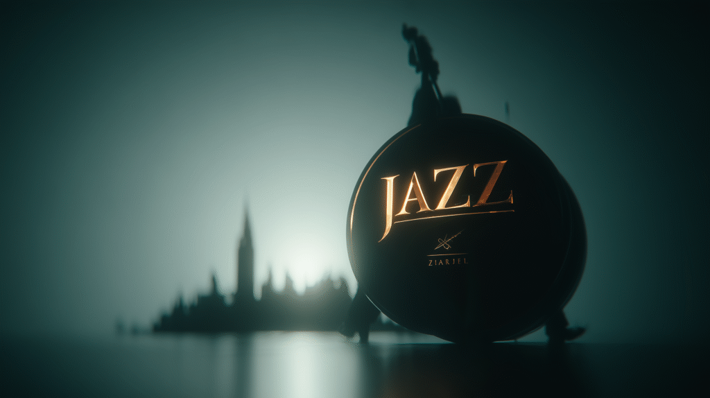 Silhouette of a jazz musician standing on a glowing round stage with the word “JAZZ” illuminated, set against a soft blue background, representing jazz music and lessons on the Sunshine Coast.