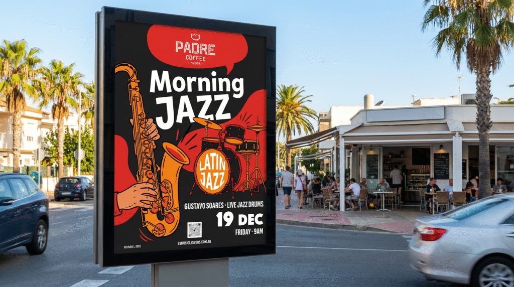 Morning Jazz Noosa event poster featuring Gustavo Soares performing live Latin jazz drums at Padre Coffee.