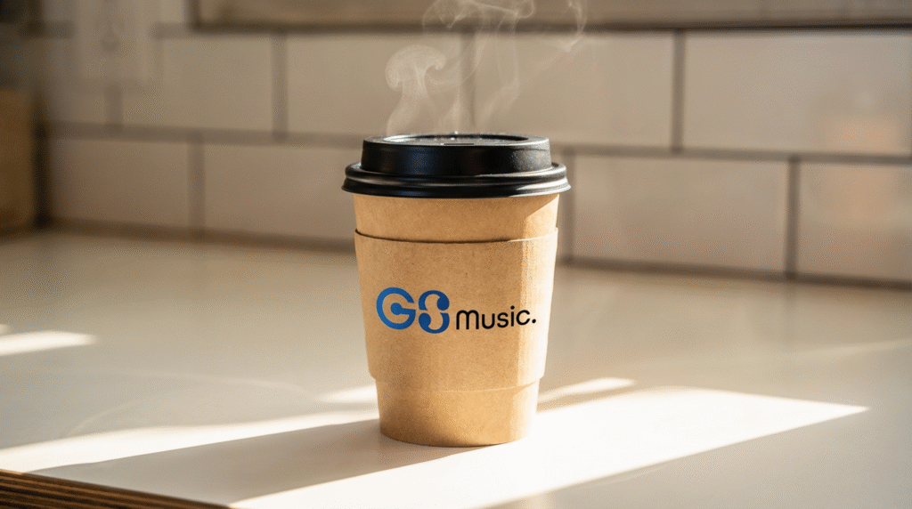 Morning Jazz Noosa coffee cup at Padre Coffee promoting Gustavo Soares’ live jazz performance.