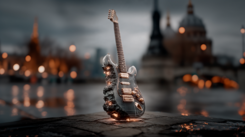 learning music benefits guitar glowing in city representing creativity and emotional expression