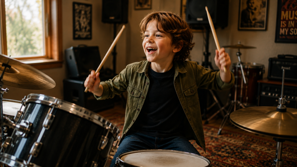 Child learning drum lessons in Noosa with GS Music Lessons Sunshine Coast

