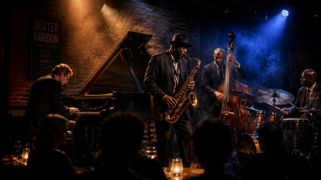 Jazz musicians performing saxophone and double bass at an intimate jazz club venue