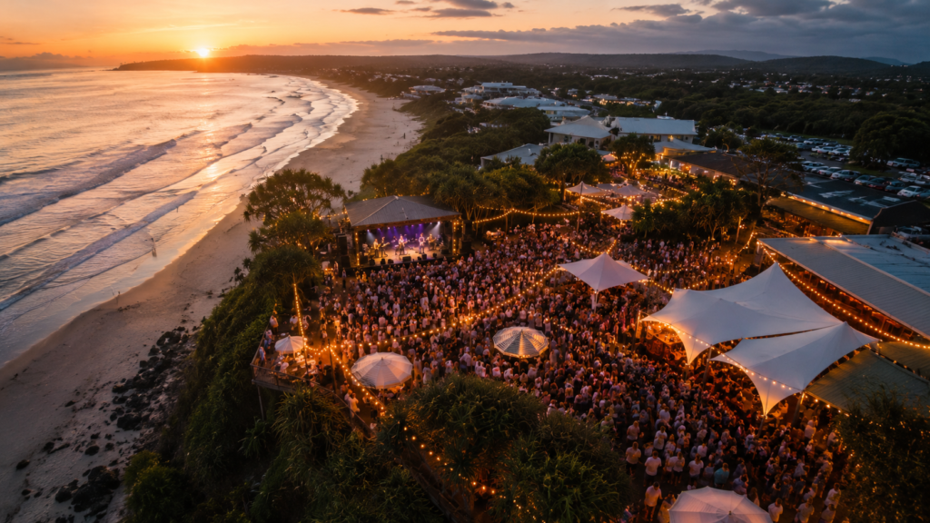 Aerial view of a sunset beach music festival on the Sunshine Coast with crowds, stage, and warm ambient lighting.