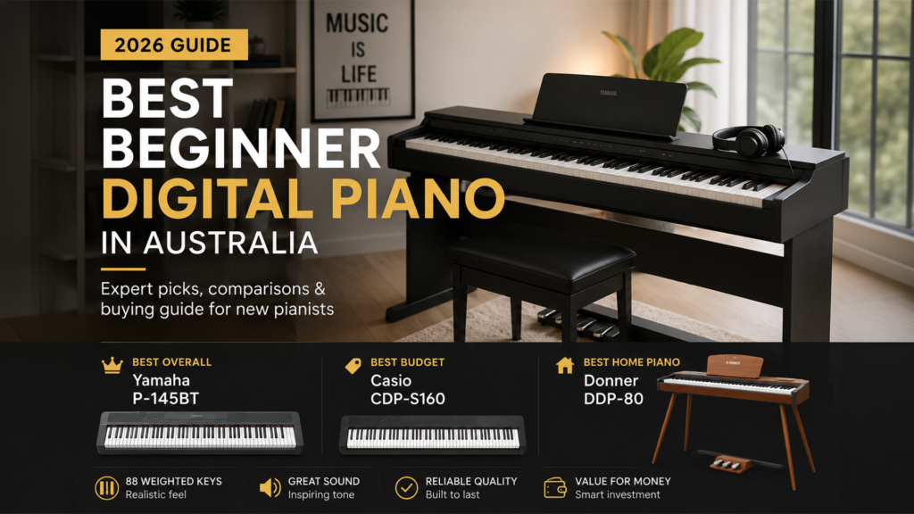 Modern digital piano in a home studio representing the best beginner digital pianos in Australia for 2026.