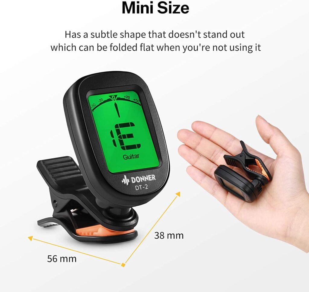 Donner DT-2 Clip-On Tuner Donner DT-2 clip-on tuner attached to a guitar headstock, shown from two angles with size measurements