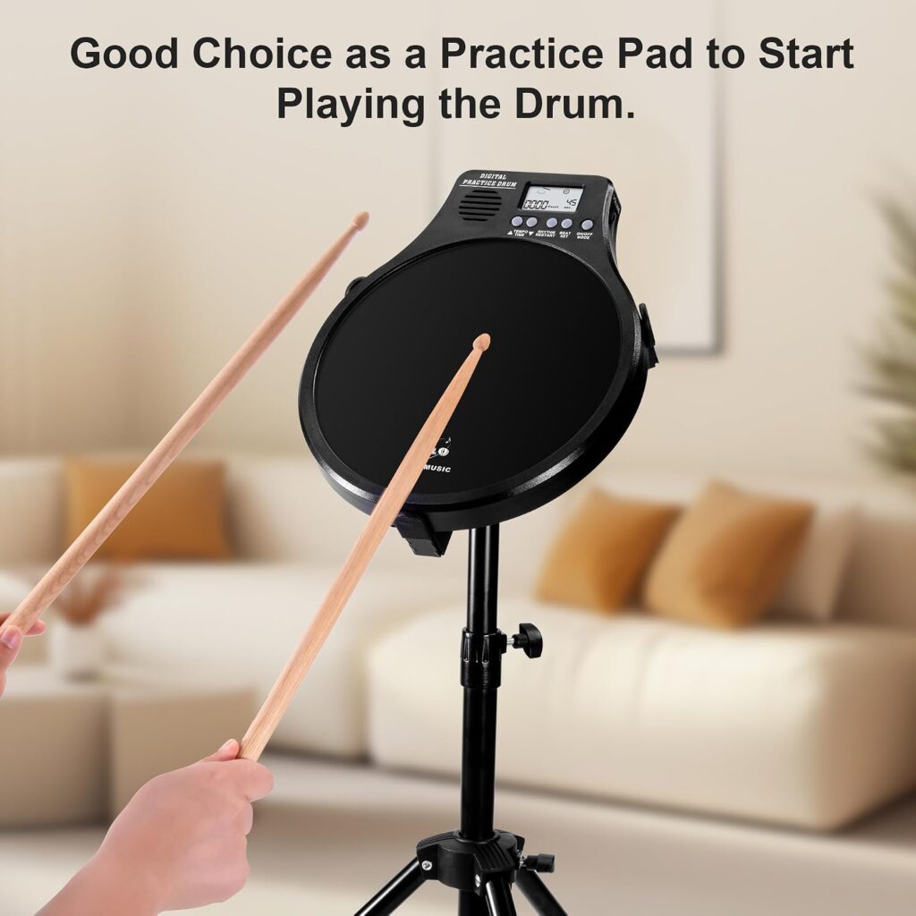 ENO Music Electronic Practice Pad set up in a small apartment room, a quiet budget option for beginner drummers