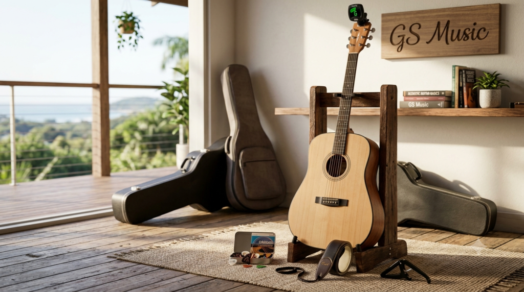 Acoustic guitar and gig bag leaning against a wall, featured image for the best beginner guitars under $200 buying guide